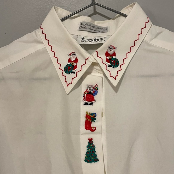 Vintage Cottagecore Christmas Tabi International White Embroidered Button Shirt - Picture 2 of 7